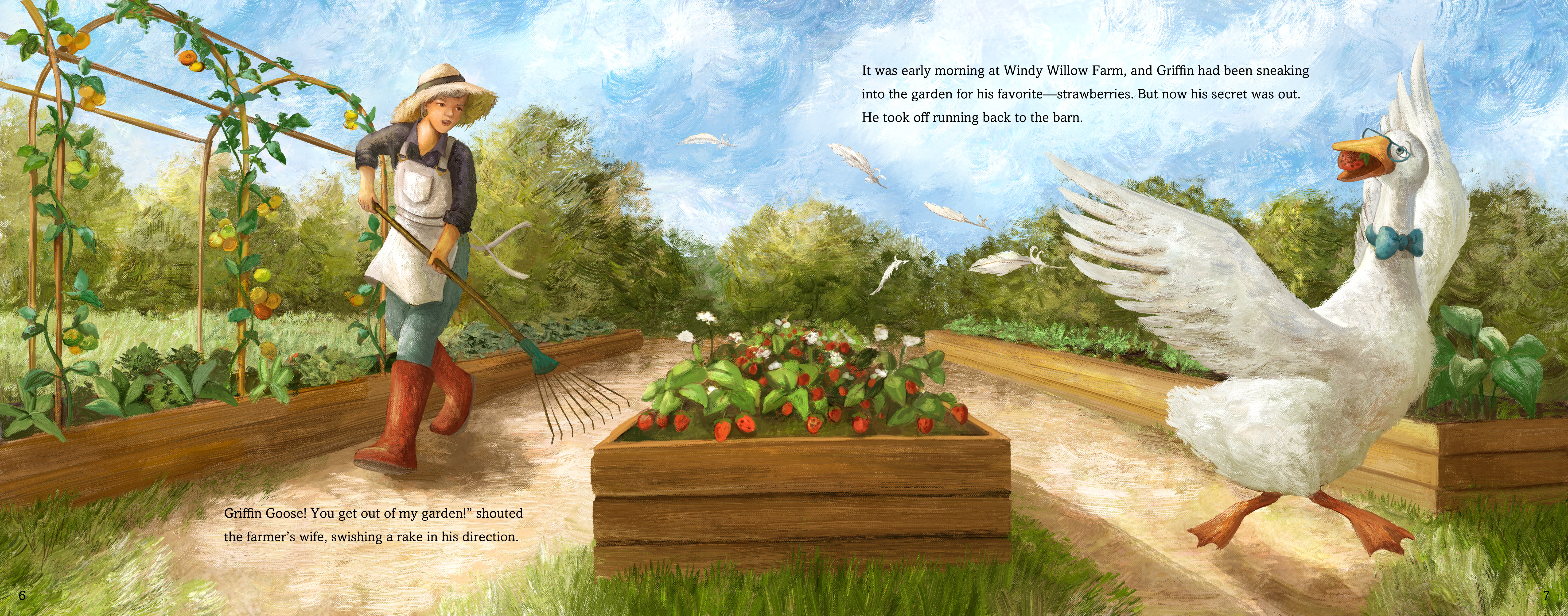 Two-page spread of Griffin sneaking strawberries from the farmer's wife's garden, from 'Ruffled Feathers'.